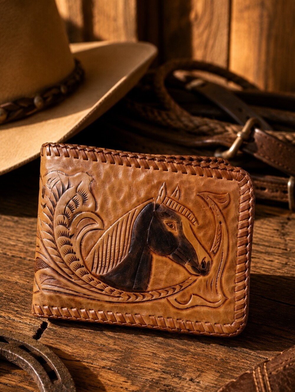 Vintage Hand Tooled Leather Horse Wallet Western Equestrian Bifold